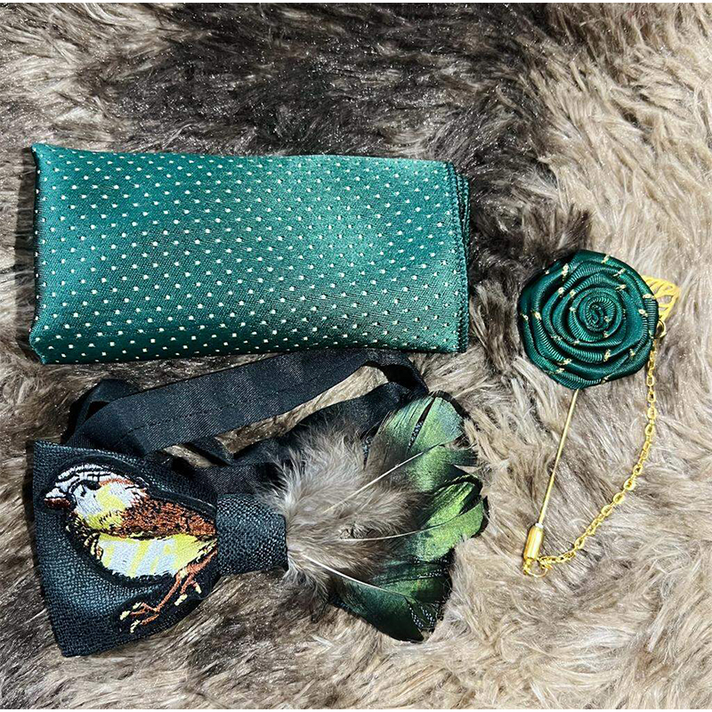 Picture of Luxury Embroidery Feather Bow Tie + Flower Lapel + Pocket Square 3p Set For Men (Black & Green,Int: One size)