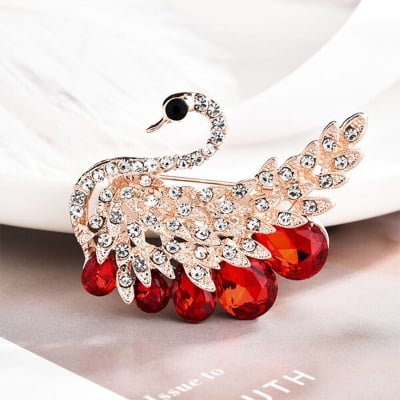 Picture of Swan Rhinestone Brooch For Women's Korean Style Cloth Accessories (Red Stone Swan)