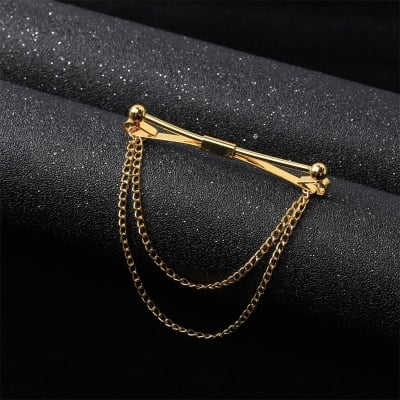 Picture of Round Head Double Chain Tassel For Mens Shirt Collar Pin  Accessories (Golden N)