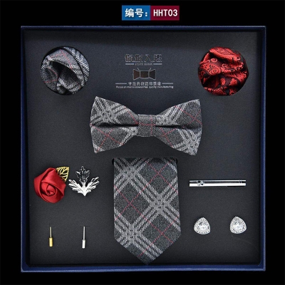 Picture of Mens Luxury Tie Set Box Fashion Check Pattern Necktie Square Scarf Combination 9P Set Box (HHT03,Int: One size)