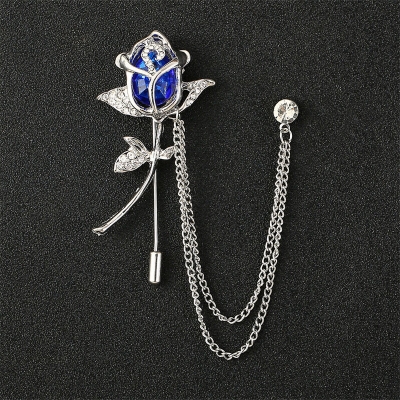 Picture of Metal Rhinestone Rose Flower Brooch Lapel Pin For Men & Women (Silver Blue)