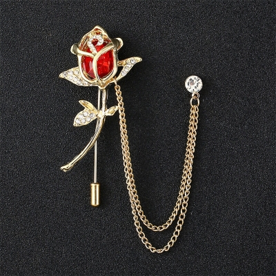 Picture of Metal Rhinestone Rose Flower Brooch Lapel Pin For Men & Women (Golden Red)