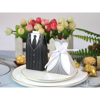 Picture of 5 Pair Set European New High-end Creative Wedding Groom & Bride Dress Sugar Candy Paper Box (Double Breasted Dress With Stripped Suit)