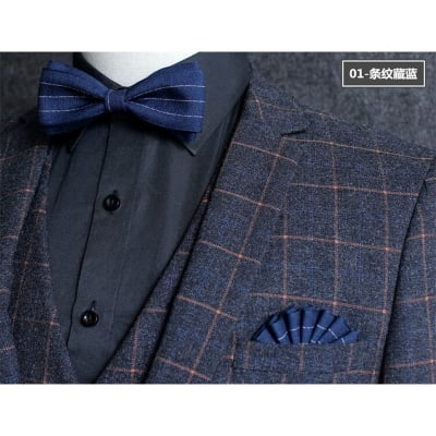 Picture of Men's Readymade Pocket Square Wedding Dress Matching Chest Scarf Square Brooch Pin (Navy Blue With Strip)
