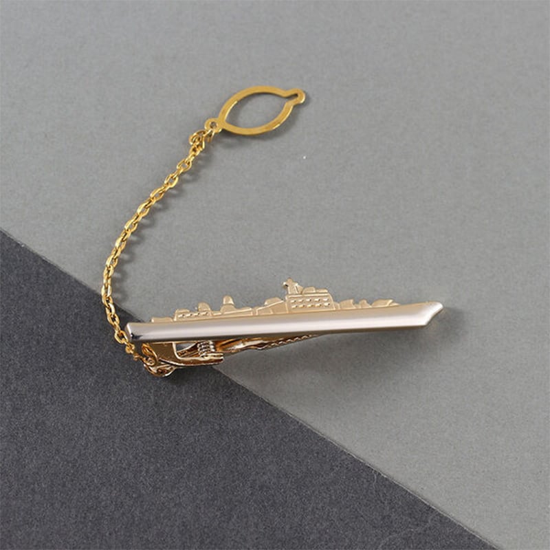 Picture of Golden Navy Ship With Anchor Chain Tie Clip For Men (Golden War Ship)