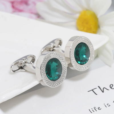 Picture of Crystal Prismatic Cufflinks Button For Men's French Cuff Shirt With Paper Box (Green Stone)