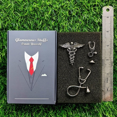 Picture of Medical Professionals / Doctor Brooch Set – 3pcs Suit & Collar Accessories for Men & Women (Antique Silver Ceduceus)