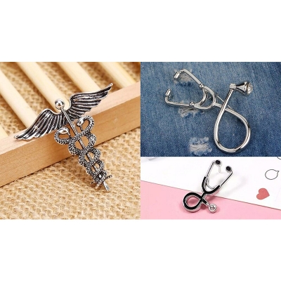 Picture of Medical Professionals / Doctor Brooch Set – 3pcs Suit & Collar Accessories for Men & Women (Antique Silver Ceduceus)