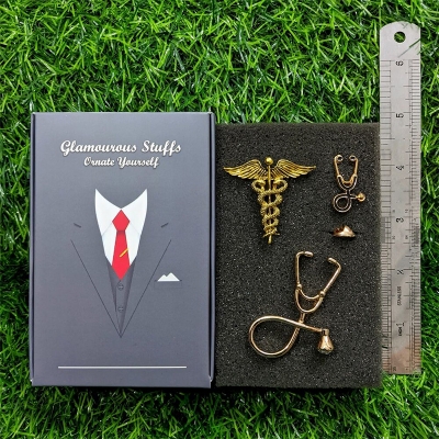 Picture of Medical Professionals / Doctor Brooch Set – 3pcs Suit & Collar Accessories for Men & Women (Bronze Ceduceus Golden)