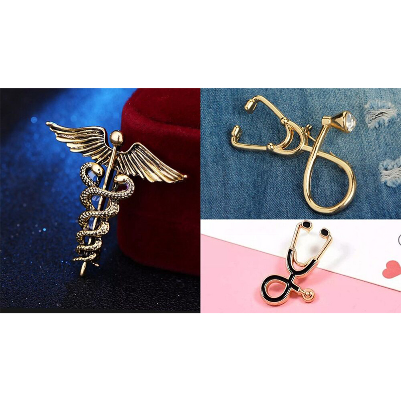 Picture of Medical Professionals / Doctor Brooch Set – 3pcs Suit & Collar Accessories for Men & Women (Bronze Ceduceus Golden)