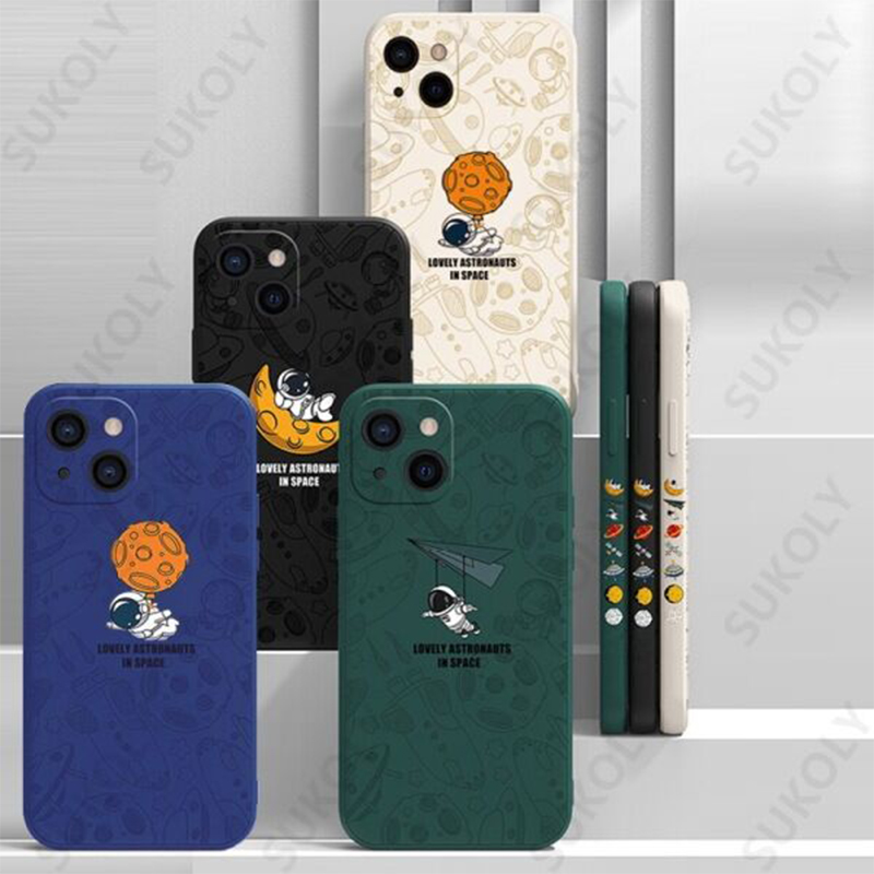 Picture of Astronauts Cartoon TPU Case for iPhone 13 Pro Max Mobile Phone Cover (Flying Astronaut (Black))
