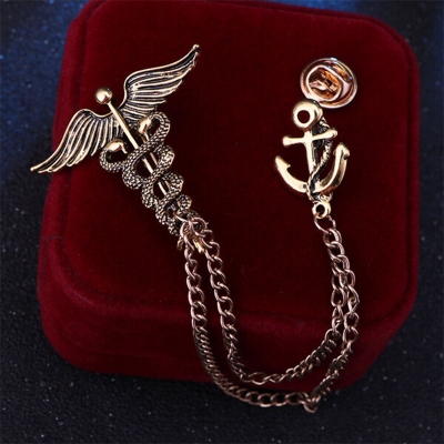 Picture of Vintage Zodiac Snake Men's Angel Wings Ceduceus with Anchor Lapel Chain Brooch (Bronze)