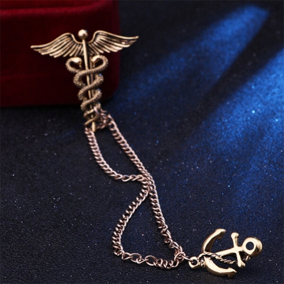 Picture of Vintage Zodiac Snake Men's Angel Wings Ceduceus with Anchor Lapel Chain Brooch (Bronze)
