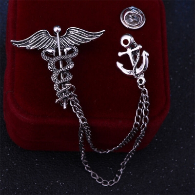 Picture of Vintage Zodiac Snake Men's Angel Wings Ceduceus with Anchor Lapel Chain Brooch (Light Ash)