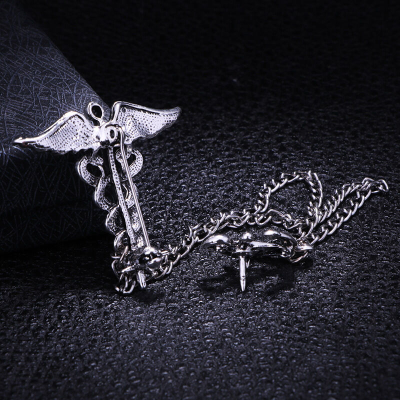 Picture of Vintage Zodiac Snake Men's Angel Wings Ceduceus with Anchor Lapel Chain Brooch (Light Ash)