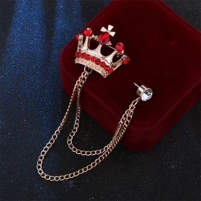 Picture of Crystal Red Stone Crown Chain Crown Brooch For Men & Women Fashion Accessories (Golden)
