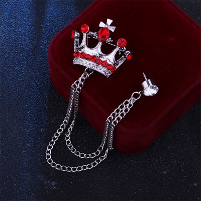 Picture of Crystal Red Stone Crown Chain Crown Brooch For Men & Women Fashion Accessories (Silver)