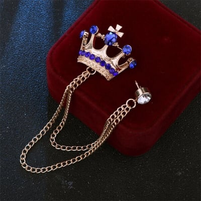 Picture of Crystal Blue Stone Crown Chain Crown Brooch For Men & Women Fashion Accessories (Golden)