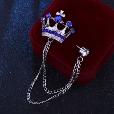 Picture of Crystal Blue Stone Crown Chain Crown Brooch For Men & Women Fashion Accessories (Silver)