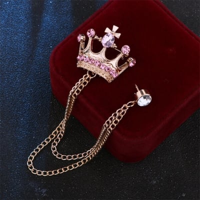 Picture of Crystal Pink Stone Crown Chain Crown Brooch For Men & Women Fashion Accessories (Golden)
