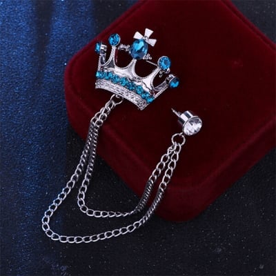Picture of Crystal Light Blue Stone Crown Chain Crown Brooch For Men & Women Fashion Accessories (Silver)