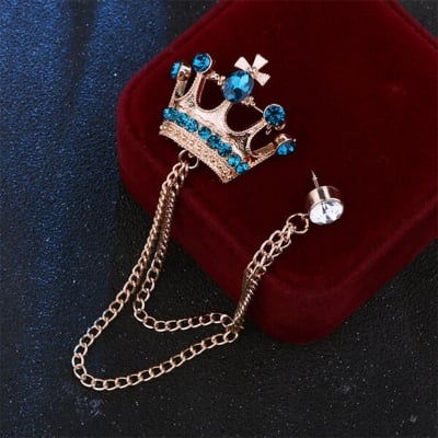 Picture of Crystal Light Blue Stone Crown Chain Crown Brooch For Men & Women Fashion Accessories (Golden)