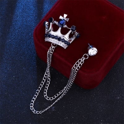 Picture of Crystal Navy Blue Stone Crown Chain Crown Brooch For Men & Women Fashion Accessories (Silver)