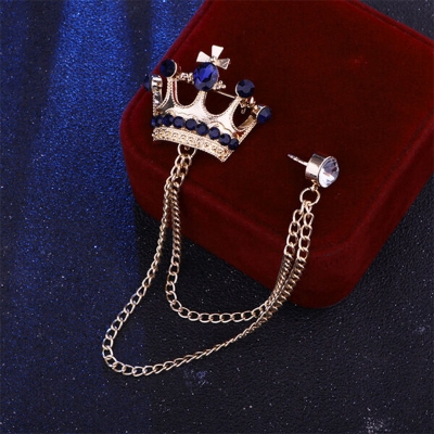 Picture of Crystal Navy Blue Stone Crown Chain Crown Brooch For Men & Women Fashion Accessories (Golden)