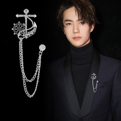 Picture of Naval Rudder Anchor Chain Brooch Men's Lapel Pin Metal Brooch Fashion Accessories (Silver White)