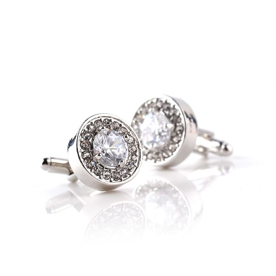 Picture of Crystal Stone Round Cufflinks Pair For French Cuff Shirt Button (White)