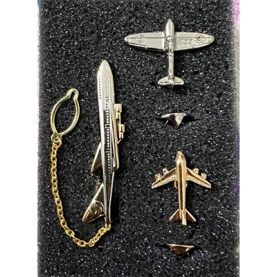 Picture of Aeroplane Tie Clip & Mini Aircraft Pin – 3-Piece Brooch Set for Men’s Suit & Shirt Accessories (Tie Clip & 2p Pin)