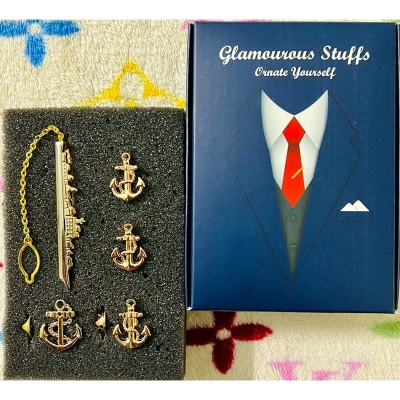 Picture of Marine/Naval Ship Tie Clip + Cufflinks + Anchor Pin 4ps Set Brooch For Men Suit/Shirt Fashion Accessories (Warship Tie Clip Set)