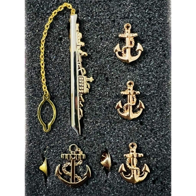 Picture of Marine/Naval Ship Tie Clip + Cufflinks + Anchor Pin 4ps Set Brooch For Men Suit/Shirt Fashion Accessories (Warship Tie Clip Set)