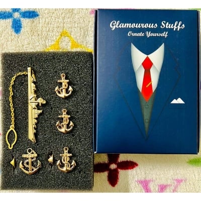 Picture of Marine/Naval Ship Tie Clip + Cufflinks + Anchor Pin 4ps Set Brooch For Men Suit/Shirt Fashion Accessories (Anchor Ship Tie Clip Set)