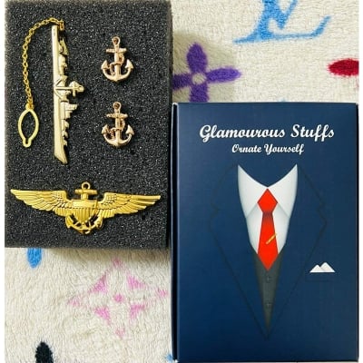 Picture of Marine/Naval Ship + Anchor Cufflinks with Anchor Wings Brooch – 3-Piece Set for Men’s Suit & Shirt Accessories (Anchor Tie Clip Set)