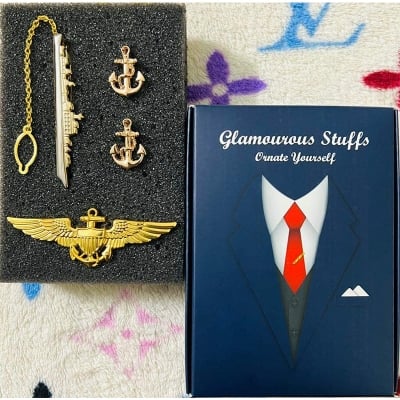 Picture of Marine/Naval Ship + Anchor Cufflinks with Anchor Wings Brooch – 3-Piece Set for Men’s Suit & Shirt Accessories (Warship Tie Clip Set)
