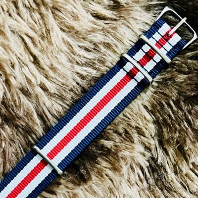 Picture of Fashionable Nylon Metal Watch Strap for man - 22mm (1Ps) (Blue, White & Red Stripe)