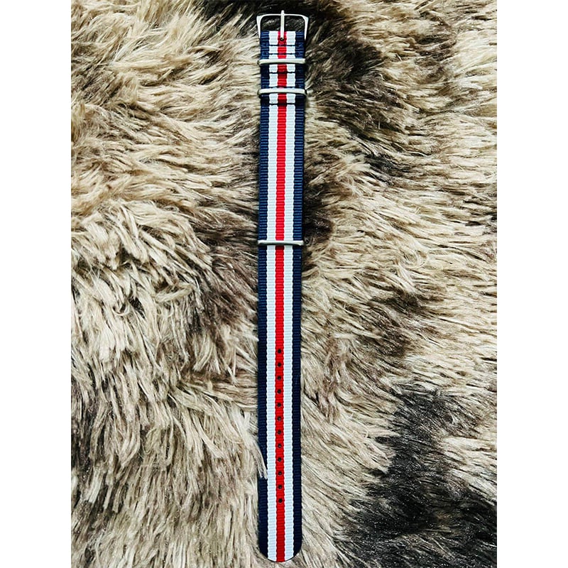 Picture of Fashionable Nylon Metal Watch Strap for man - 22mm (1Ps) (Blue, White & Red Stripe)