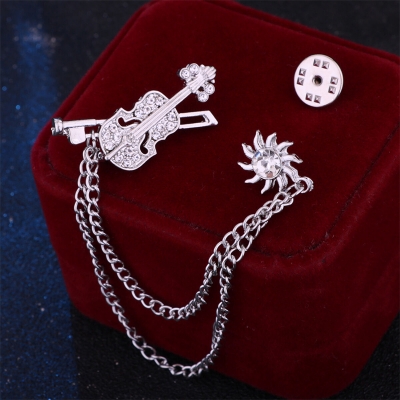 Picture of Violin Designed Stoned Chain Brooch For Men Fashion Suit Accessories (Silver)
