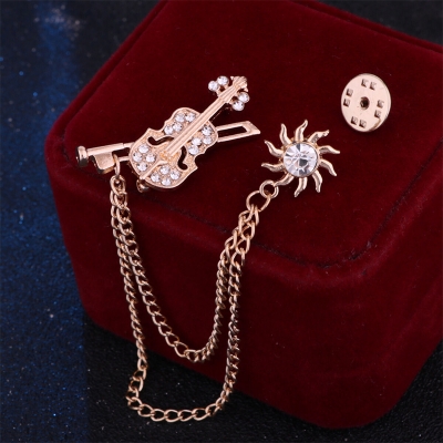 Picture of Violin Designed Stoned Chain Brooch For Men Fashion Suit Accessories (Gold)