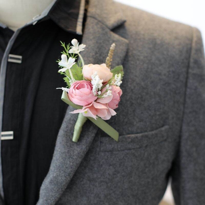 Picture of Wedding Boutonniere 3 Rose Bouquet Chest Brooch For Suit Lapel Fashion Accessories (1PS) (ll Soft Pink + Off W)