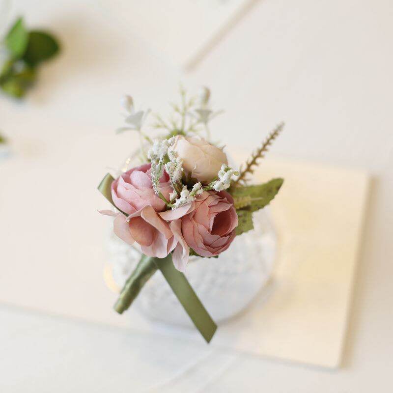 Picture of Wedding Boutonniere 3 Rose Bouquet Chest Brooch For Suit Lapel Fashion Accessories (1PS) (ll Soft Pink + Off W)