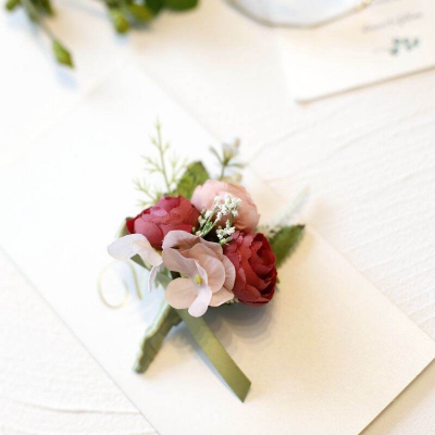 Picture of Wedding Boutonniere 3 Rose Bouquet Chest Brooch For Suit Lapel Fashion Accessories (1PS) (II Maroon + Pink Rose)