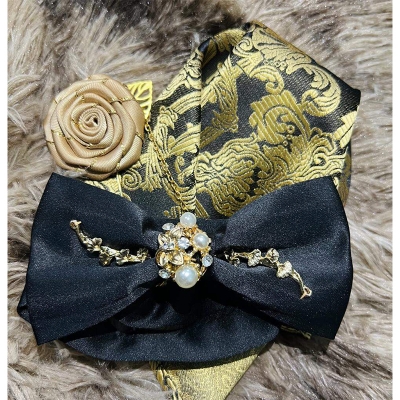 Picture of Luxury Pearl Design Bow Tie + Flower Lapel + Pocket Square 3p Set For Men (Navy Blue,Int: One size)
