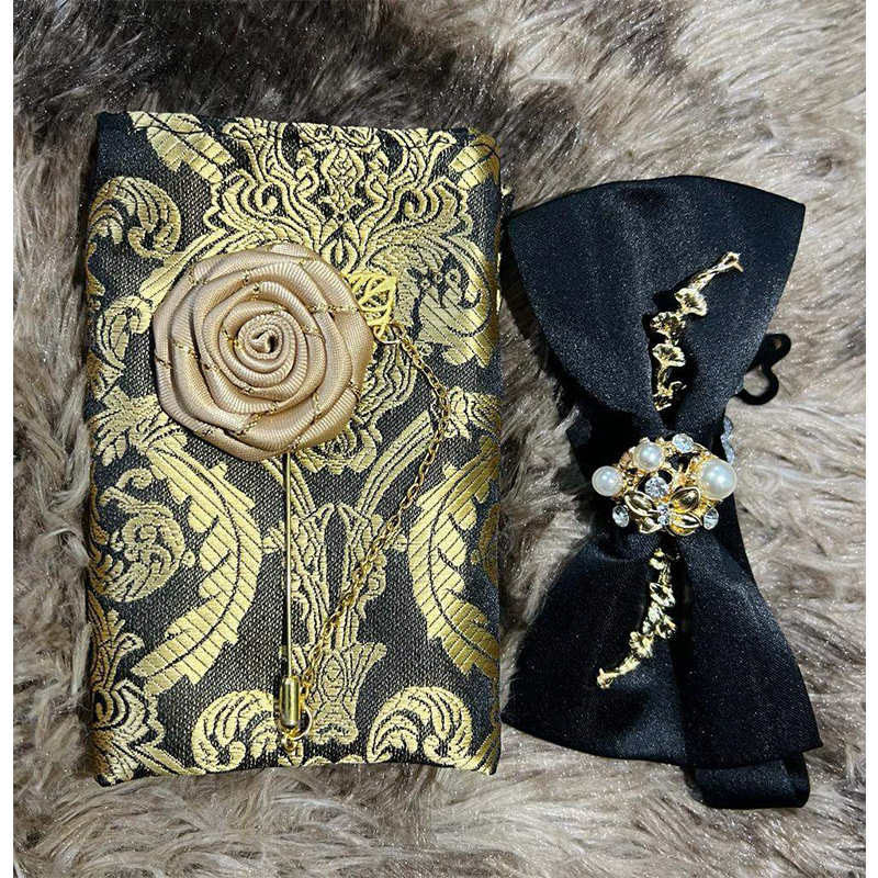 Picture of Luxury Pearl Design Bow Tie + Flower Lapel + Pocket Square 3p Set For Men (Navy Blue,Int: One size)
