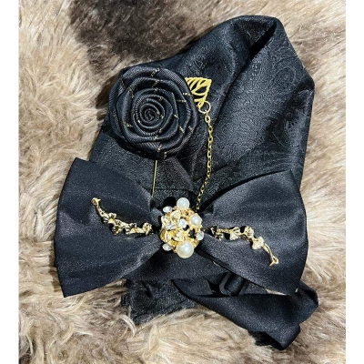 Picture of Luxury Pearl Design Bow Tie + Flower Lapel + Pocket Square 3p Set For Men (Black,Int: One size)