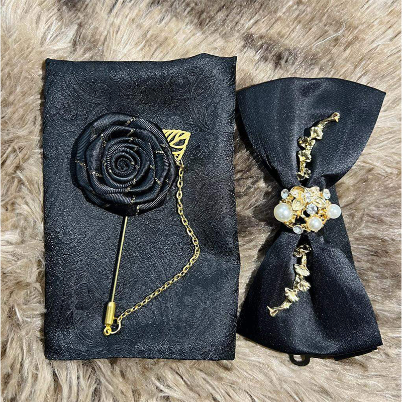 Picture of Luxury Pearl Design Bow Tie + Flower Lapel + Pocket Square 3p Set For Men (Black,Int: One size)