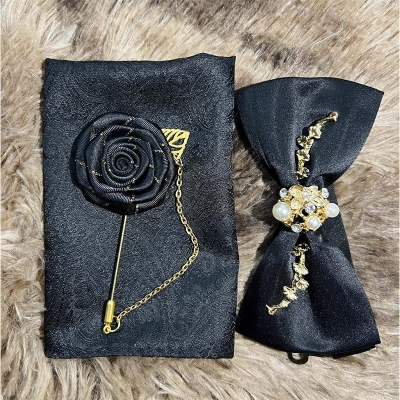 Picture of Luxury Pearl Design Bow Tie + Flower Lapel + Pocket Square 3p Set For Men (Black,Int: One size)