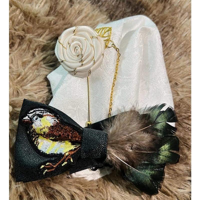 Picture of Luxury Embroidery Feather Bow Tie + Flower Lapel + Pocket Square 3p Set For Men (White Flower & PS,Int: One size)