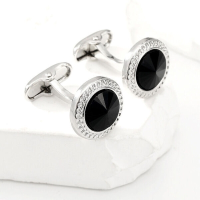 Picture of Stoned Round French Cufflinks Pair Set For Men (1 Pair) (Silver Black Stone)